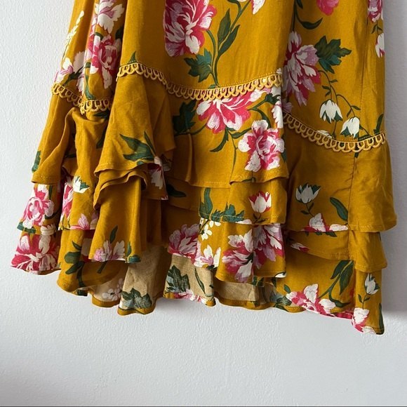 NWT MINKPINK Mustard Yellow Floral Ruffled Tiered Mini Dress - Picture 10 of 14